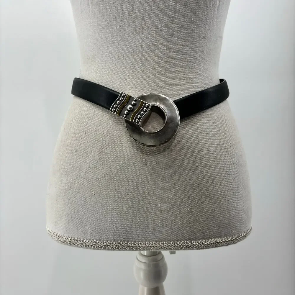 Chicos Womens Small Medium Black Leather Belt Circle Hook Buckle